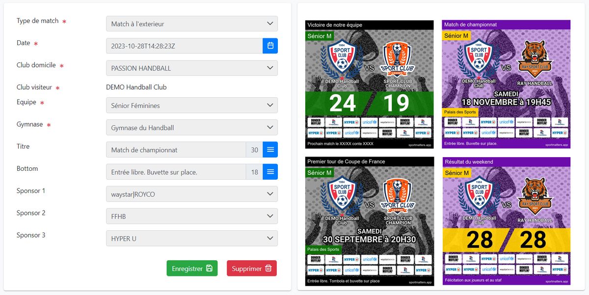 Formulaire de saisie d'un match et aperçu des affiches générées