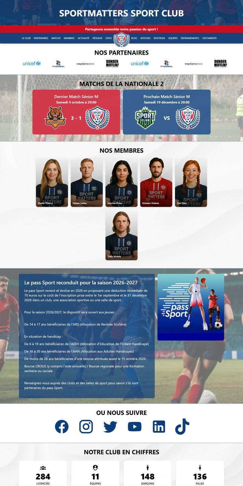 Page d'accueil complète du site de démonstration : partenaires, matchs, membres, actualités, réseaux sociaux et chiffres du club
